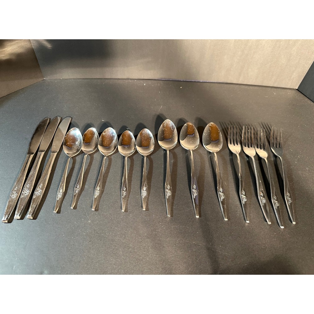 Vintage Japan Stainless Steel Flatware Rose Embossed Floral 15 Piece Mixed Lot